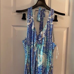 Lovely Cache maxi in a blue, green & gold print